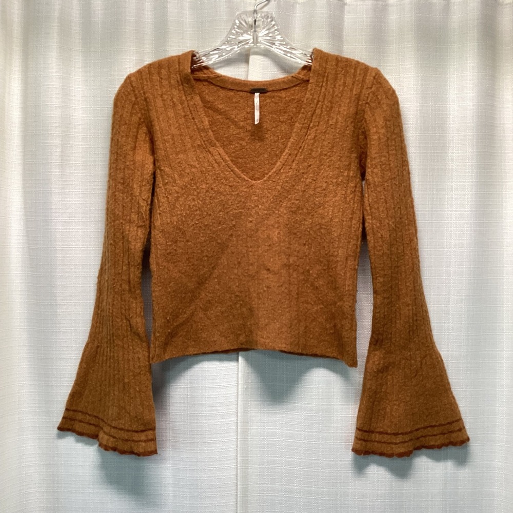 Free People Rust Orange Wool Yak Blend Ribbed V-Neck Bell Sleeve Sweater XS